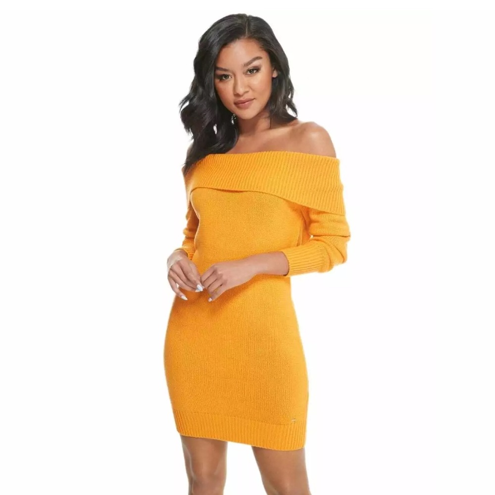 GUESS Yellow Off The Shoulder Sweater Dress